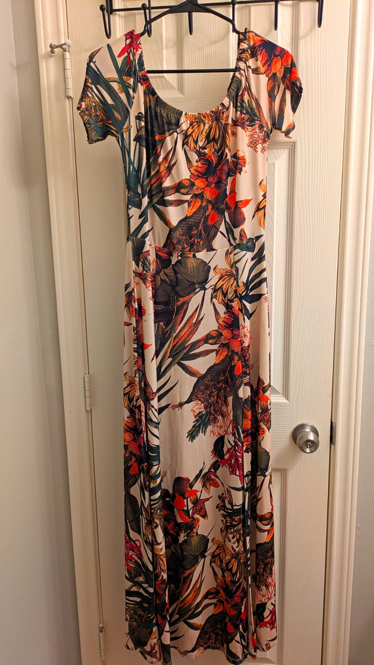 LASCANA for VENUS Floral Tropical Maxi Dress – Short Sleeve, Ivory Multicolor, S
